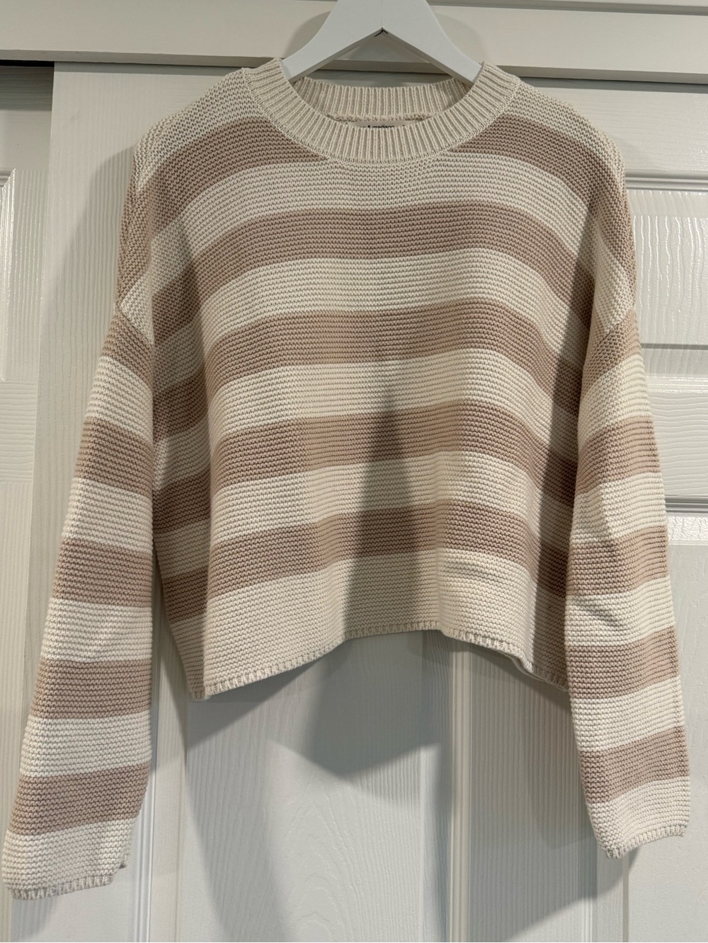 Moon & Madison Striped Cotton Blend Cropped Oversized Cream Knit Sweater